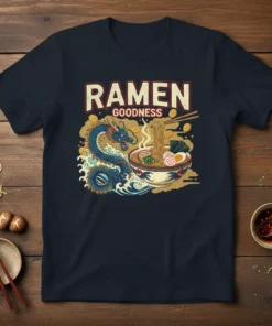 Ramen Goodness t-shirt design with a blue dragon, steaming ramen bowl, and gold coins
