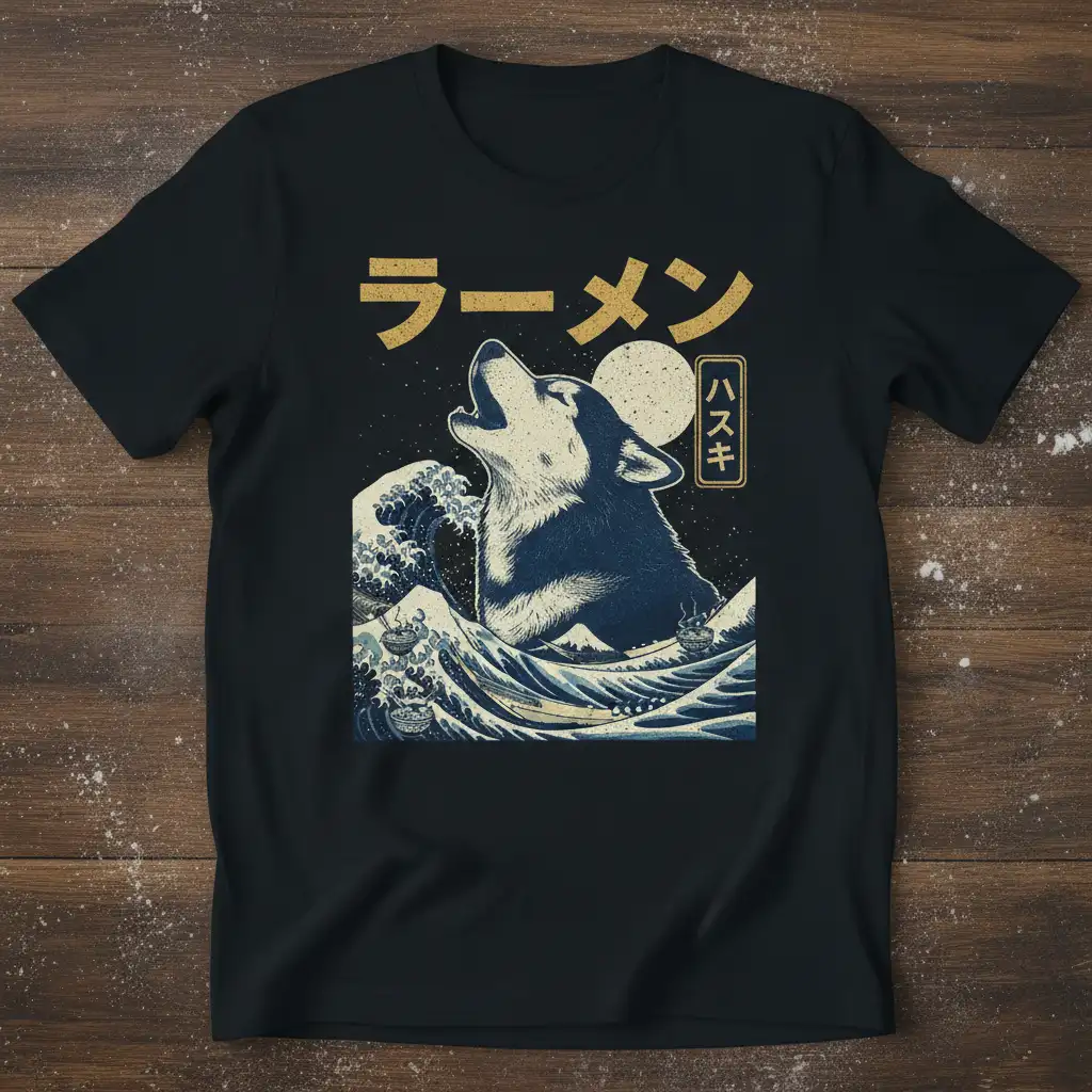Howling husky wolf amidst Japanese ramen wave design with text ラーメン ハスキ