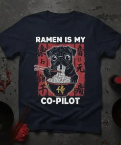 Black pug eating ramen noodles with chopsticks on a t-shirt with Japanese text, "Ramen Is My Co-Pilot" slogan