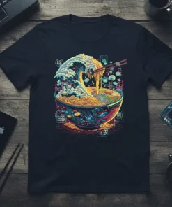 Ramen Wave T-Shirt featuring a dynamic Japanese wave crashing over a noodle bowl with chopsticks and Japanese characters