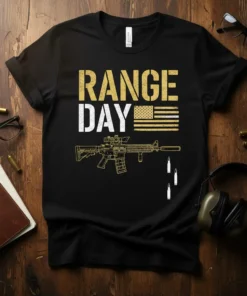 Black t-shirt with "RANGE DAY" text, US flag detail, and AR-15 rifle graphic