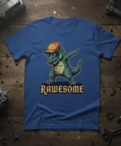 Rawesome dinosaur t-shirt design with a green dinosaur doing the dab pose and wearing a cap