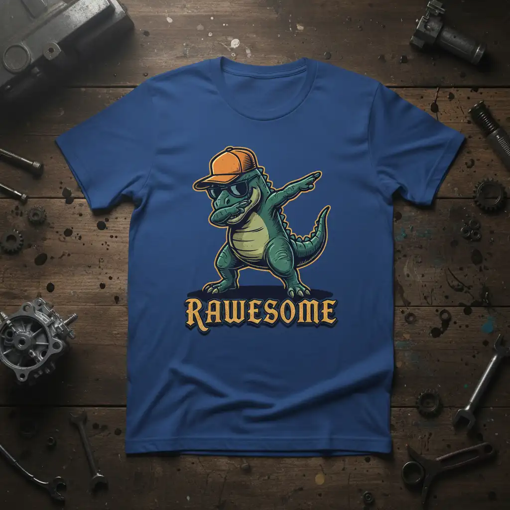 Rawesome dinosaur doing the dab pose wearing sunglasses and cap, with text below
