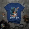 RAWK 'N ROAR t-shirt design with a teal bear playing a white and orange electric guitar, surrounded by lightning bolts