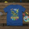 Rawr! I'm 5 Birthday Boy text with T-Rex skeleton graphic on a blue t-shirt, surrounded by balloons and confetti