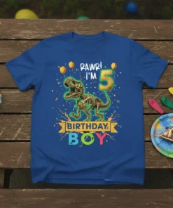 Rawr! I'm 5 Birthday Boy text with T-Rex skeleton graphic on a blue t-shirt, surrounded by balloons and confetti