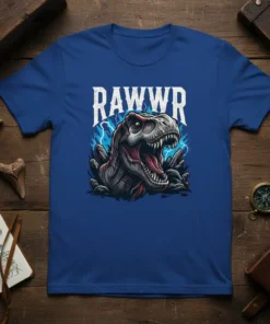 Rawrr T-Rex dinosaur design with lightning background on a blue t-shirt