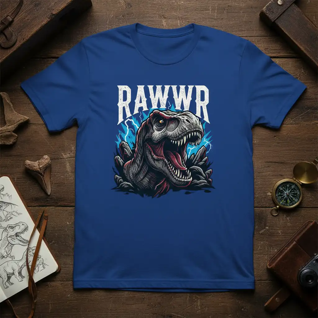 Fierce Rawrr T-Rex dinosaur graphic with lightning strikes on a blue t-shirt