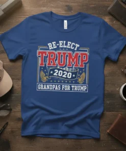 Blue t-shirt with "RE-ELECT TRUMP 2020 GRANDPAS FOR TRUMP" text, featuring eagle graphics and presidential seal design