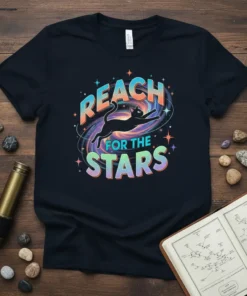 Black cat jumping through a colorful galaxy with the words "REACH FOR THE STARS" above it, on a t-shirt