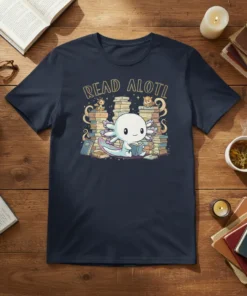 Read Alotl axolotl t-shirt design with cute axolotl reading books surrounded by more books and small woodland creatures