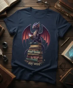 Dragon reading a book on a stack of books with text "read books Be Kind stay weird" on a navy