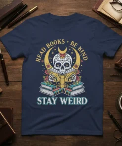 T-shirt with "READ BOOKS BE KIND STAY WEIRD" text and a sugar skull reading a book, surrounded by celestial and