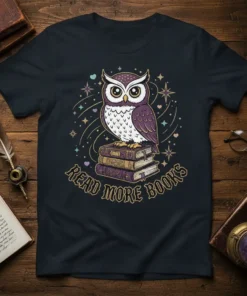 Read More Books owl design on a black t-shirt, featuring a cute owl sitting on books with stars and hearts