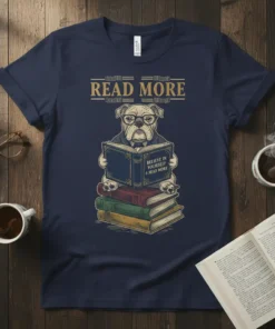 Bulldog wearing glasses reading a book on a stack of books, text "READ MORE BELIEVE IN YOURSELF S READ MORE"