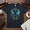 Octopus reading futuristic screens with text READ REA THINK DREAM EXPLORE NEW WORLDS on a dark t-shirt