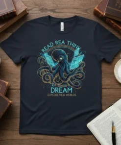 Octopus reading futuristic screens with text READ REA THINK DREAM EXPLORE NEW WORLDS on a dark t-shirt