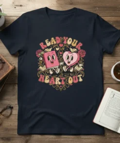 Read Your Heart Out t-shirt design featuring anthropomorphic book and heart characters surrounded by roses and vintage scrollwork