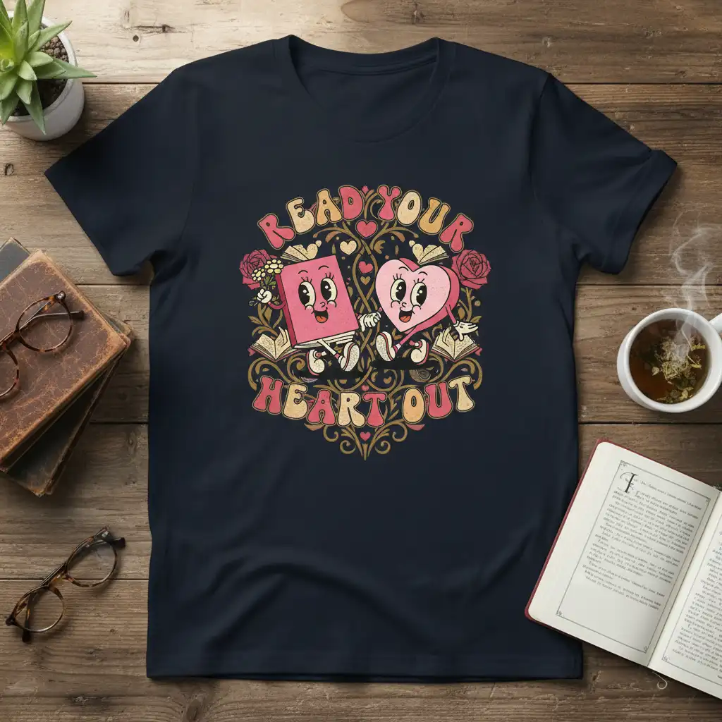 Read Your Heart Out quote with vintage book and heart characters, perfect for bookworm apparel