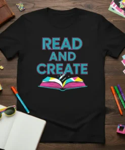 Black t-shirt with bold turquoise and pink text reading "READ AND CREATE" above an open book graphic