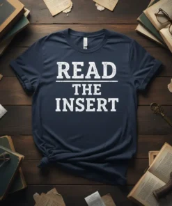 Navy blue t-shirt with white text reading "READ THE INSERT" in a bold, block font