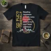 T-shirt design with text "Reading Japanese is really easy You just need to turn your head sideways" and Japanese characters