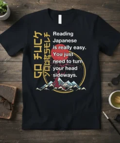 T-shirt design with text "Reading Japanese is really easy You just need to turn your head sideways" and Japanese characters