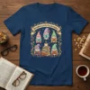 Reading with My Gnomies text on a navy t-shirt with cute gnomes reading books and a stack of books with