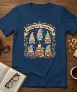 Reading with My Gnomies text on a navy t-shirt with cute gnomes reading books and a stack of books with