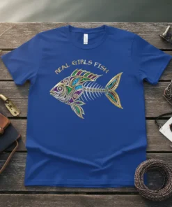 Blue t-shirt with the text "REAL GIRLS FISH" above an ornate, colorful fish skeleton graphic