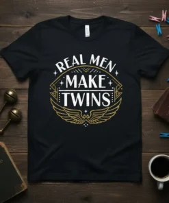 Real Men Make Twins quote on a black t-shirt with gold and white vintage-inspired design elements and wings