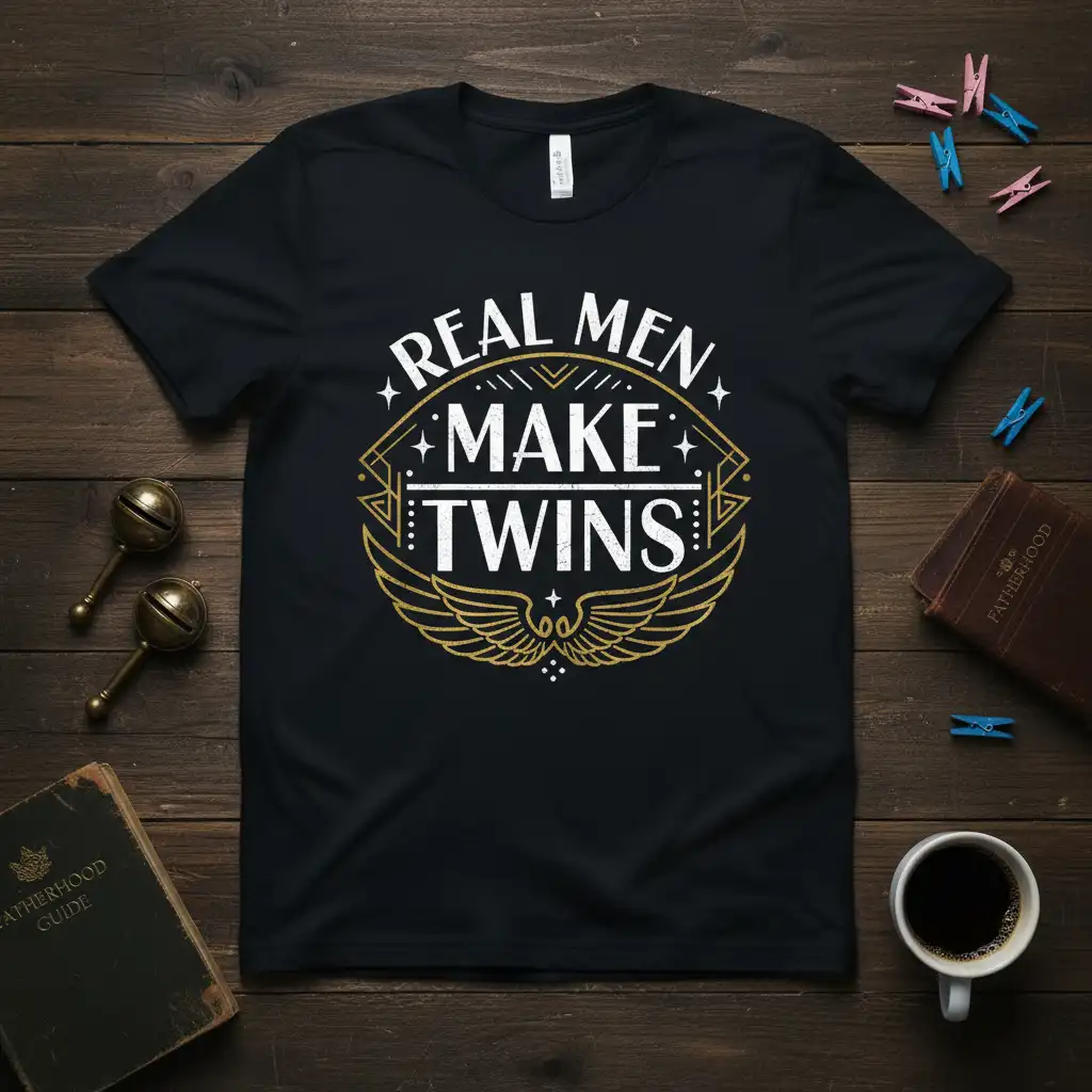 Real Men Make Twins quote in bold white and gold font on a black t-shirt, featuring decorative elements and wings