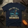 Dachshund dog wearing a shirt that says "Real Men Play With Their Weiners" with neon grid background