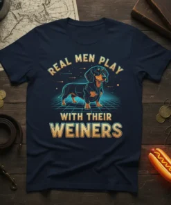 Dachshund dog wearing a shirt that says "Real Men Play With Their Weiners" with neon grid background
