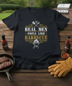 REAL MEN SMELL LIKE BARRECUE creative graphic design printed on comfortable cotton t-shirt