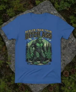 Realer Than Your Bitch Ass Bigfoot T-Shirt with a green Bigfoot graphic and mountain forest scene