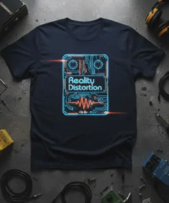 Dark navy t-shirt featuring a neon blue and orange circuit board design with "Reality Distortion" text, representing a guitar pedal