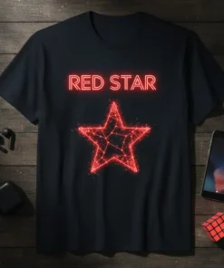 Red Star text above a glowing red geometric star graphic on a black t-shirt