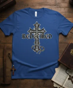 Redeemed Christian Cross T-Shirt with ornate black and white design and the word REDEEMED