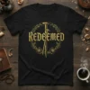 Redeemed Christian T-Shirt design featuring gold text and nails within a floral wreath