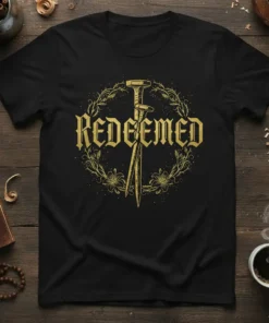 Redeemed Christian T-Shirt design featuring gold text and nails within a floral wreath