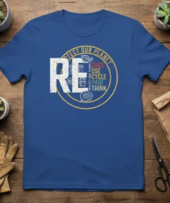 Protect Our Planet T-Shirt with Reduce Use Recycle Repair Think text and circular eco-friendly graphic