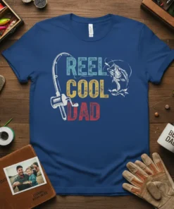 T-shirt with "REEL COOL DAD" text in blue, yellow, and red, featuring a fishing rod and a jumping bass graphic