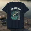 Reel Cool Dad t-shirt with a bass jumping out of water and fishing rods