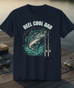 Reel Cool Dad t-shirt with a bass jumping out of water and fishing rods
