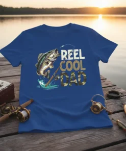 T-shirt design with text "REEL COOL DAD" and a jumping bass fish graphic, suitable for fishing enthusiasts