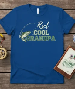 Reel Cool Grandpa t-shirt with a fish jumping on a fishing line and the text "Reel COOL GRANDPA"
