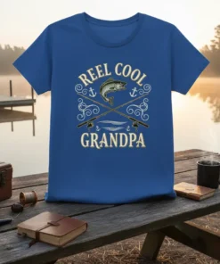 Reel Cool Grandpa fishing t-shirt design featuring crossed fishing rods, a fish, and anchors