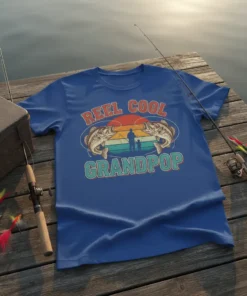 Reel Cool Grandpop t-shirt with fishing graphic and vintage sunset