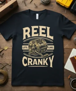 T-shirt design with text "REEL LITTL LINEL CRANKY" and an illustration of a fishing reel
